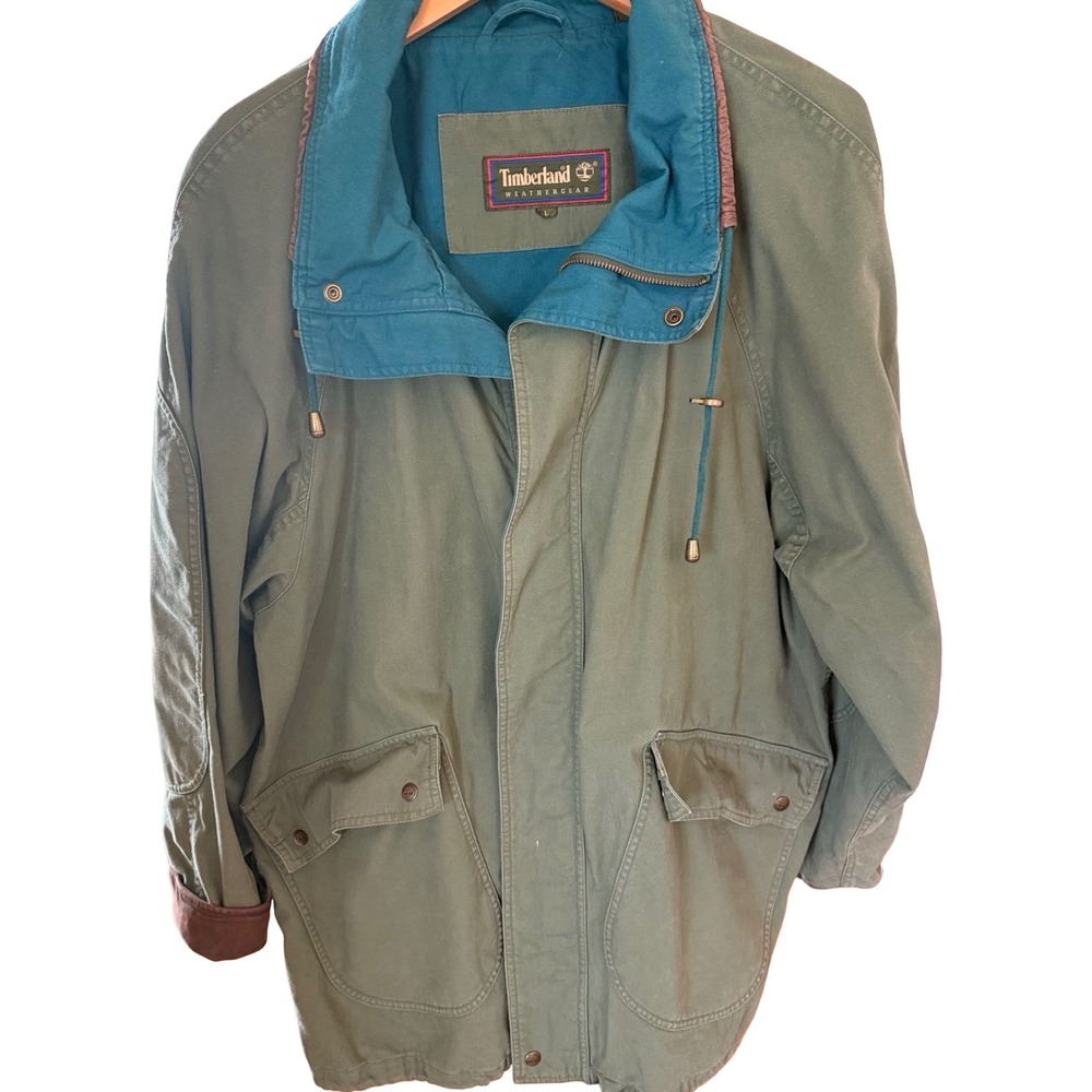 Vintage Timberland Weathergear Field Jacket Mens L Leather Trim Military Green